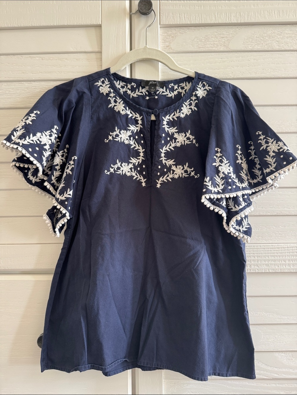 J. Crew Navy Embroidered Flutter-Sleeve Blouse